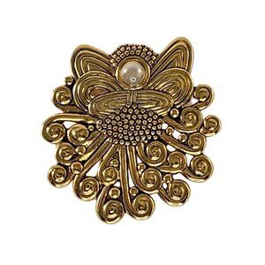 Vintage Danecraft Gold-Tone Brooch With Faux Pearl & Swirl Design